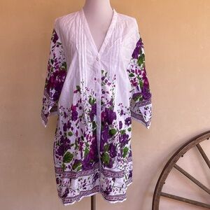 ASHA Violet Flowers Button Front Tunic Top, Dress or Swim Suit Cover EU-42 US-12